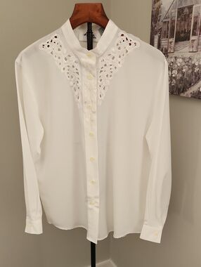 Vintage White Blouse, Ann Gerlin, Eyelet Lace Collar Size 10